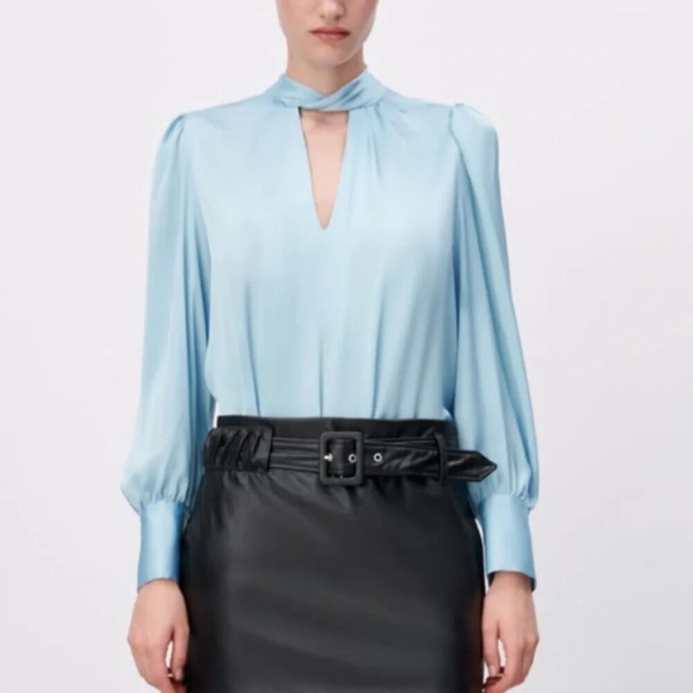 Zara Blue Tied Satin Long Sleeve Blouse NWT Size Medium
